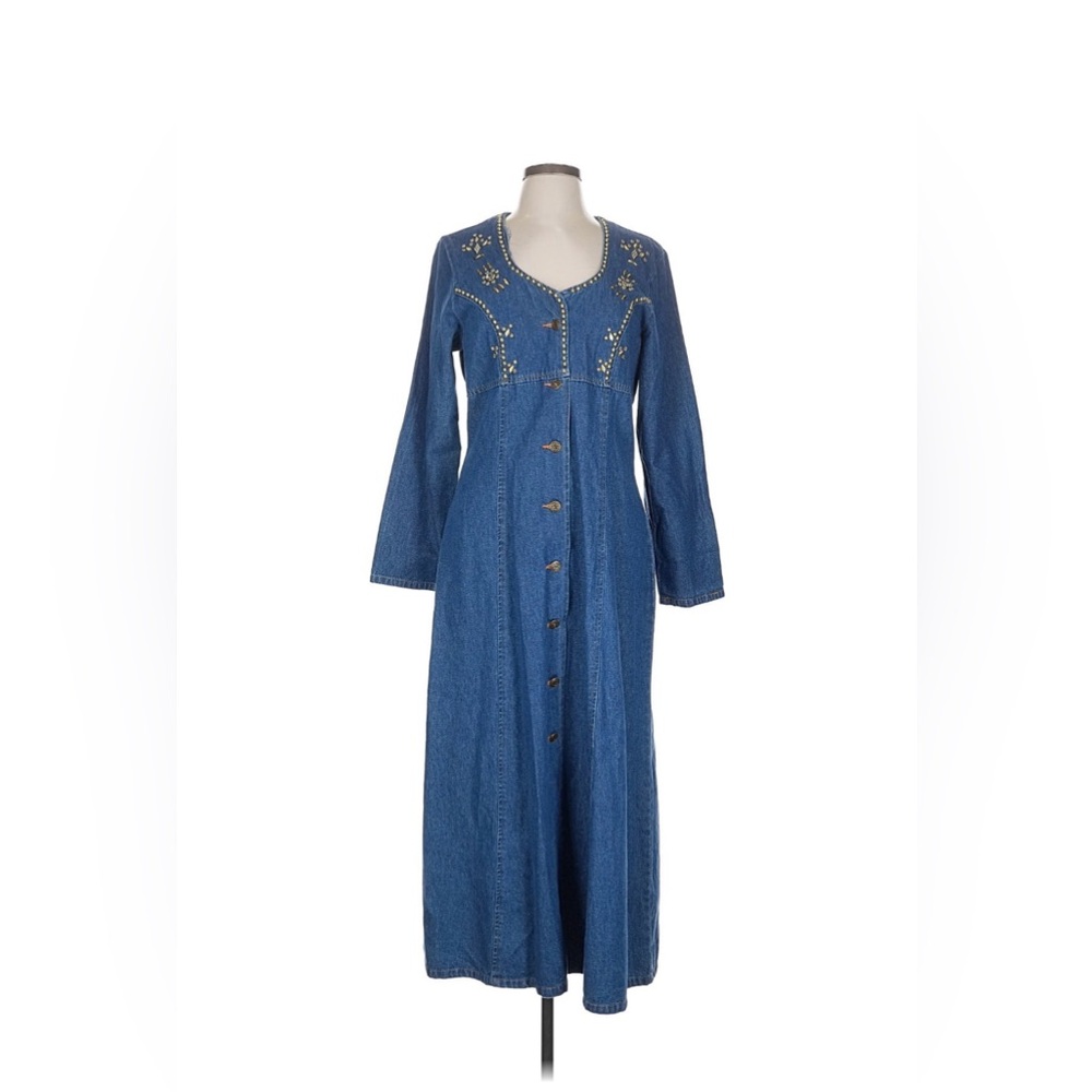 Diva Blue Long Sleeve Denim Maxi Dress with Stud Detail